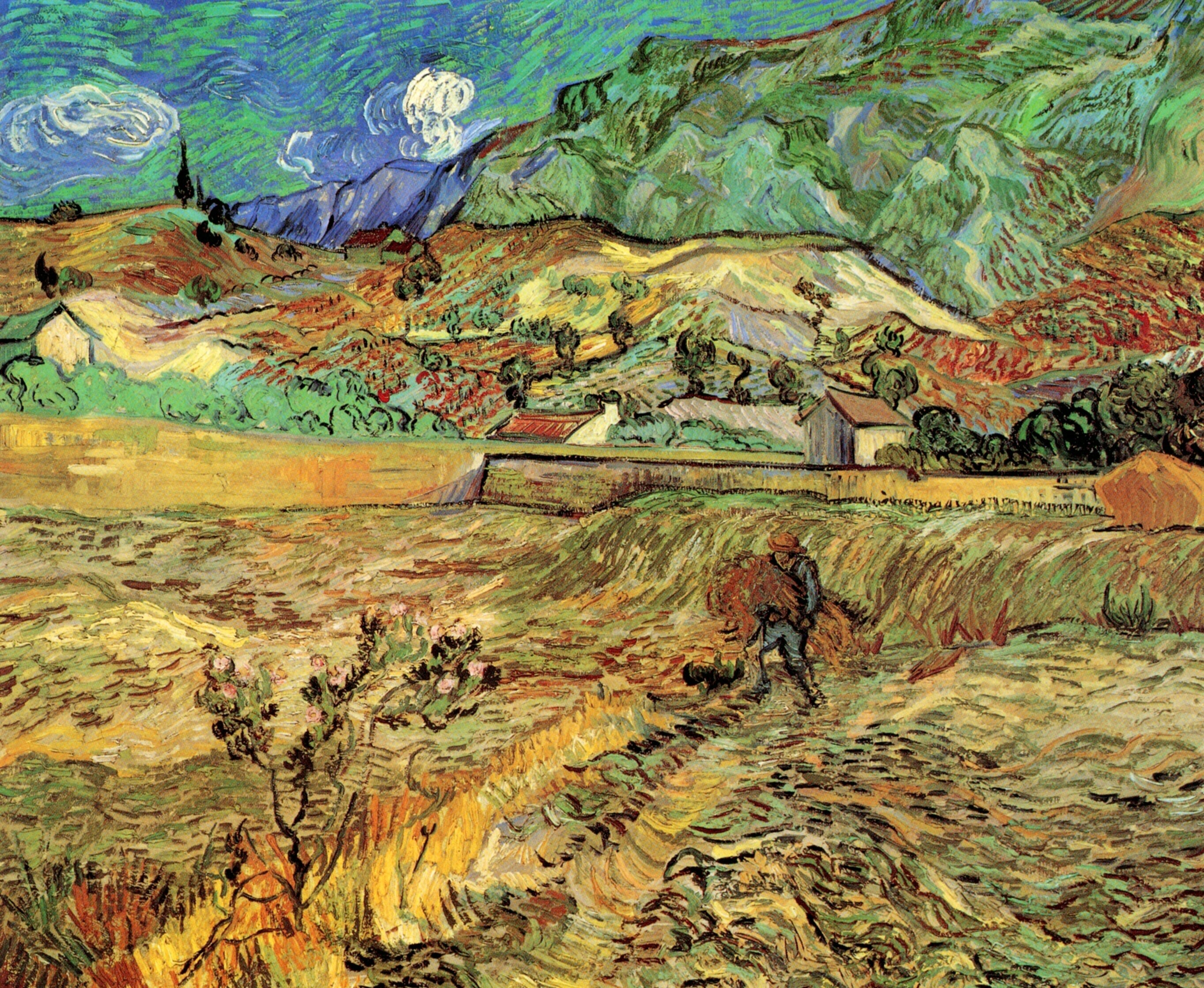 Картина Ван Гога Пшеничные поля с оградой и крестьянином 1889